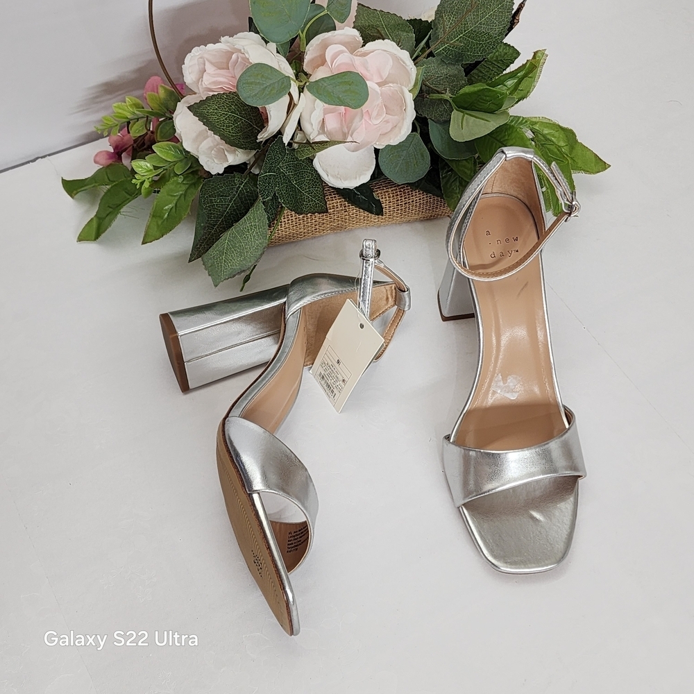 Metallic Silver Block Heel Sandals with Ankle Strap